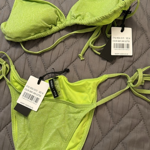 NWT Kendall & Kylie Baby Lime Glitter Metallic Triangle Bikini Top and bottom - Picture 2 of 3